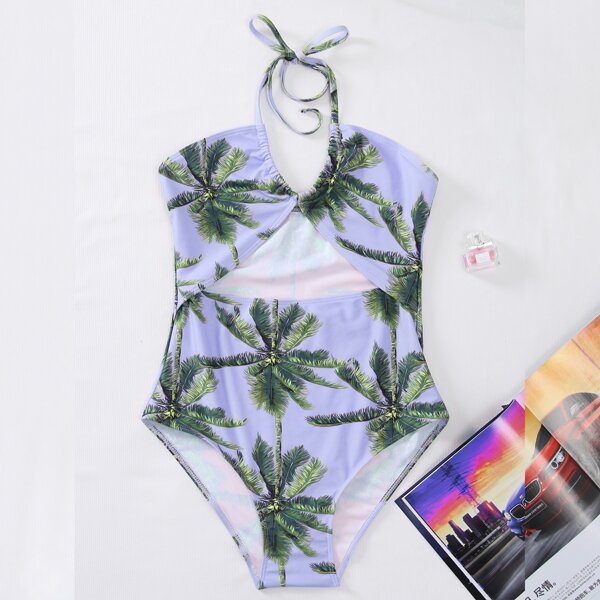 

Palm Tree Print Halter One Piece Swimsuit, Multicolor