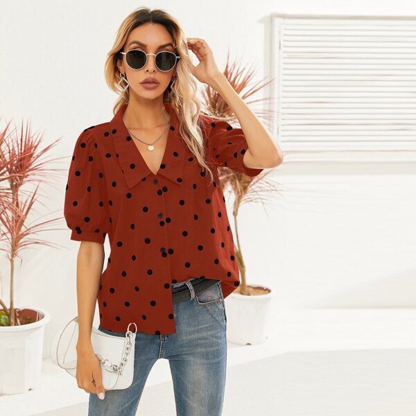 

Puff Sleeve Button Front Top, Burgundy