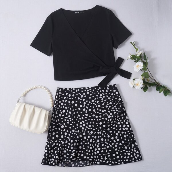 

Knot Side Wrap Top & Ruffle Hem Skirt, Black