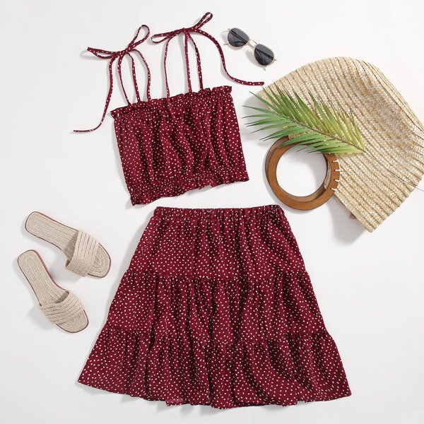 

All Over Print Frill Trim Cami Top & Skirt, Burgundy