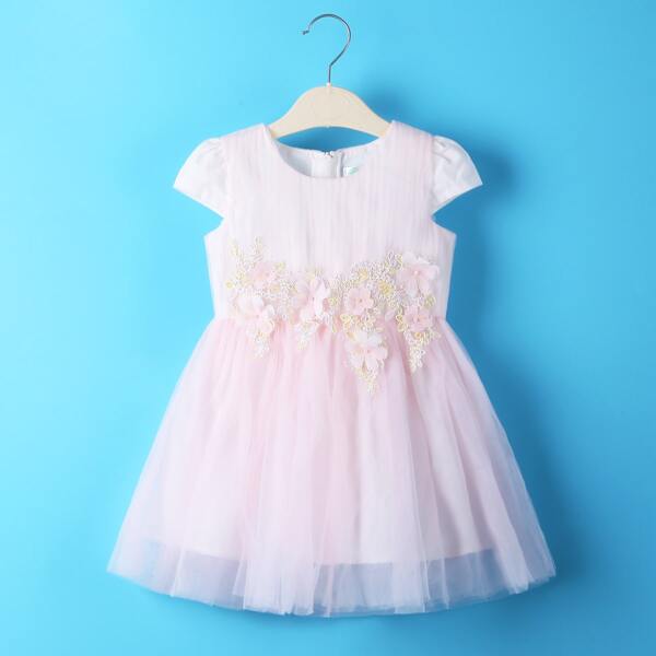

Toddler Girls Appliques Mesh Overlay A-line Dress, Baby pink