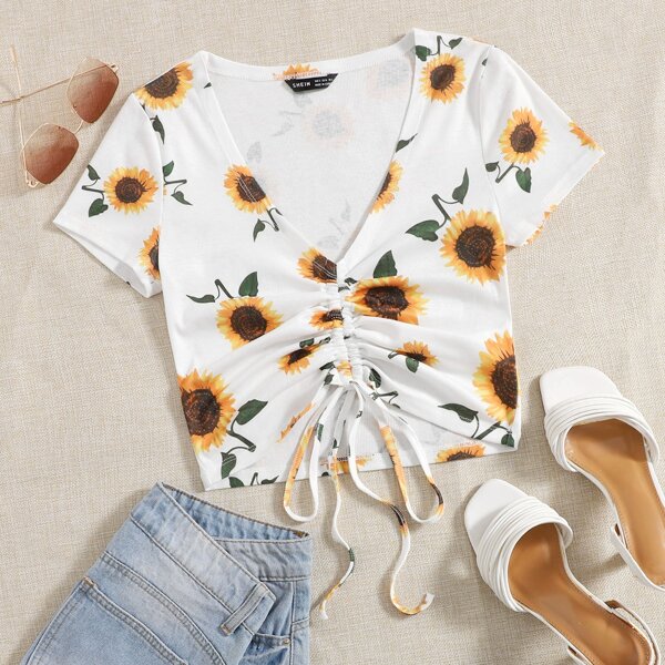 

Ruched Drawstring Sunflower Print Tee, White