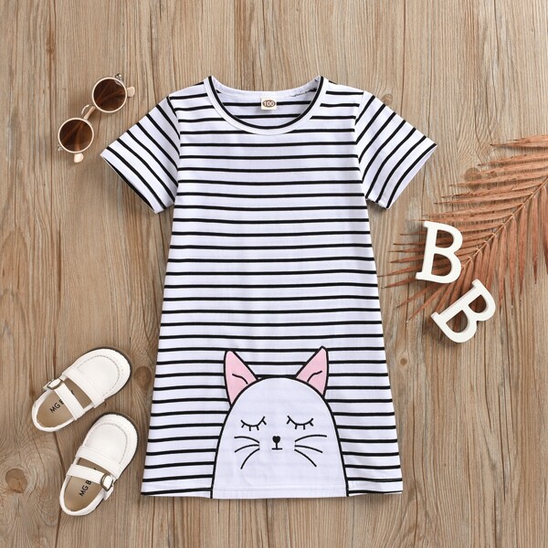 

Toddler Girls Stripe And Cartoon Graphic Tee Dress, Black and white