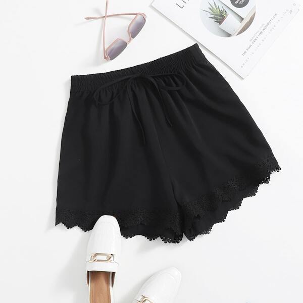 

Knot Waist Lace Hem Shorts, Black