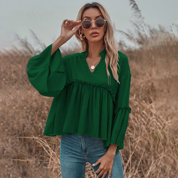 

Notch Neck Frill Trim Flounce Sleeve Babydoll Blouse, Dark green