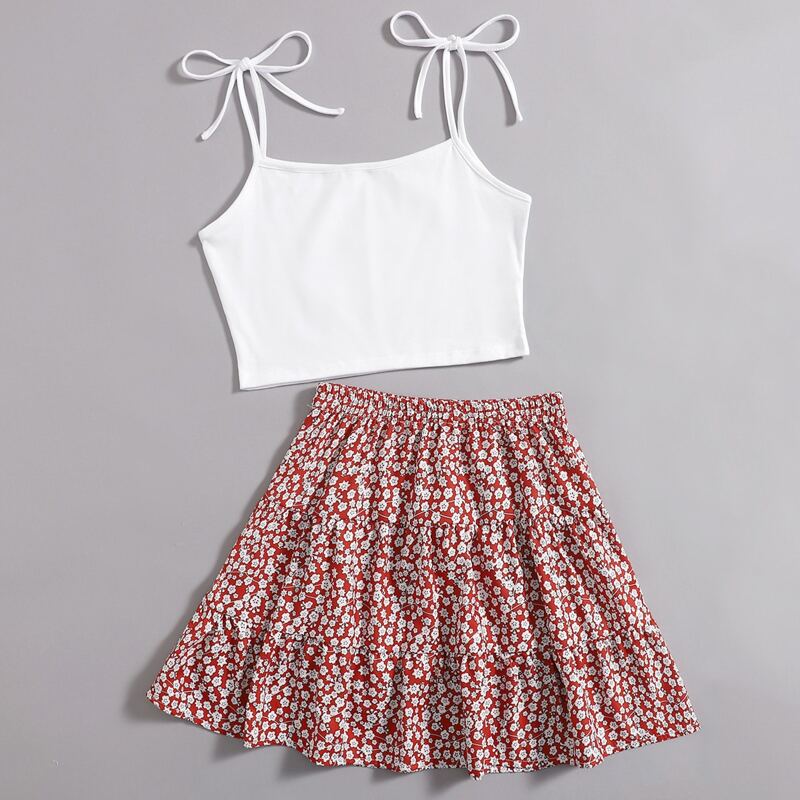 

Solid Cami & Ditsy Floral Skirt, Red and white