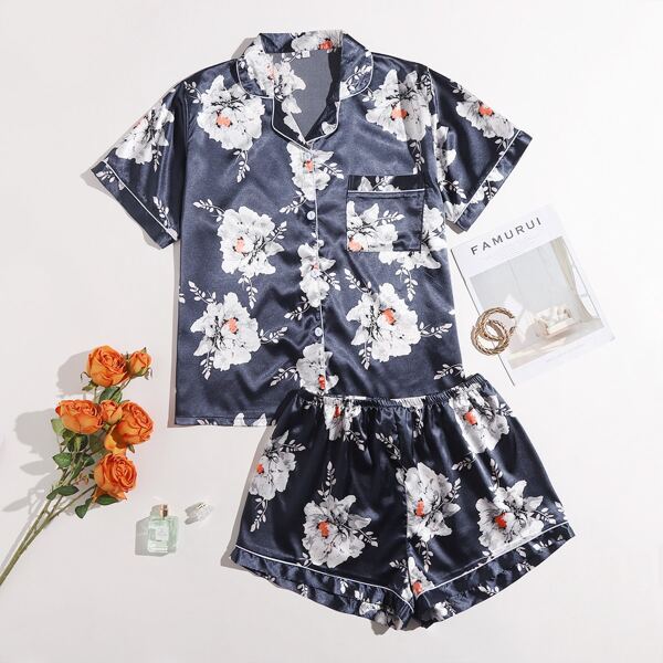 

Plus Satin Floral Print Pajama Set, Multicolor