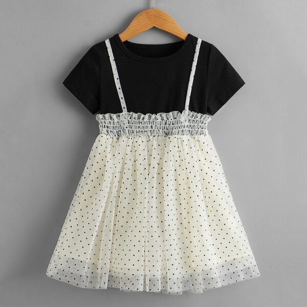 

Toddler Girls Dobby Mesh Shirred Panel Dress, Black and white