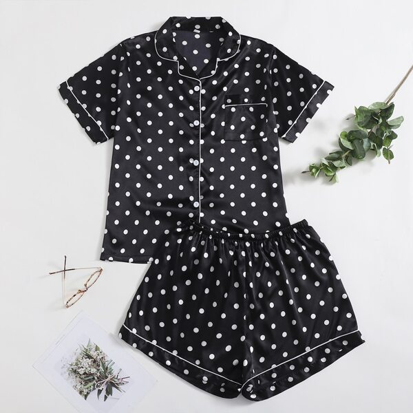 

Plus Satin Polka Dot Pajama Set, Black