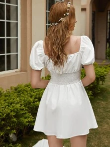 Puff Sleeve Shirred Panel Dress - White - View 2