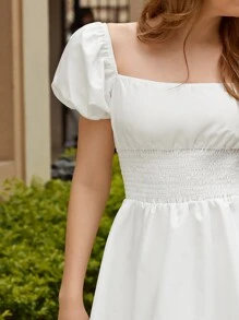 Puff Sleeve Shirred Panel Dress - White - View 5