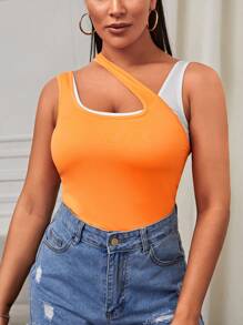 雙色不對稱領上衣 - 橘色 - 查看 1