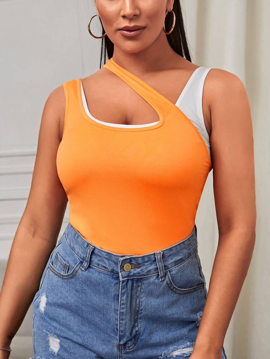 雙色不對稱領上衣 - 橘色 - 查看 1