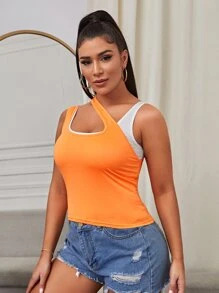 雙色不對稱領上衣 - 橘色 - 查看 4
