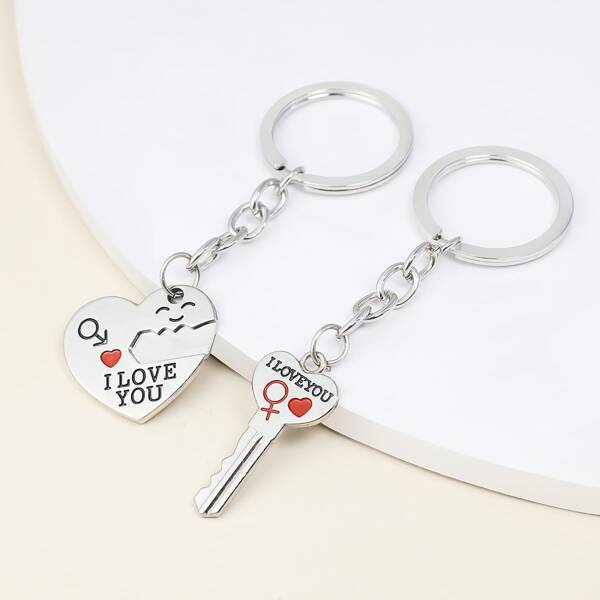 

2pcs Key & Heart Design Keychain, Silver