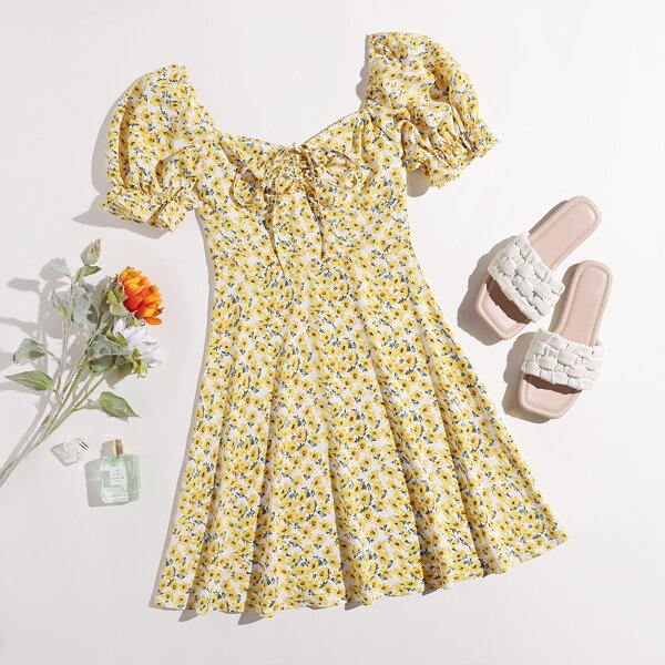 

Puff Sleeve Ruched Drawstring Ditsy Floral Milkmaid Dress, Multicolor