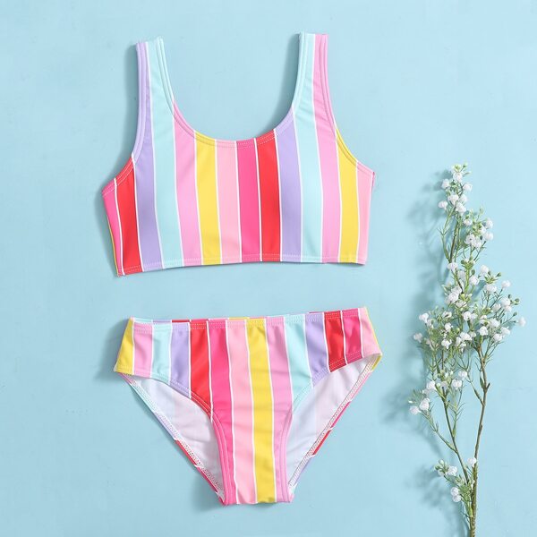 

Girls Striped Print Bikini Swimsuit, Multicolor
