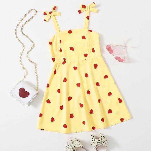 

Girls Tie Shoulder Strawberry Dress, Yellow