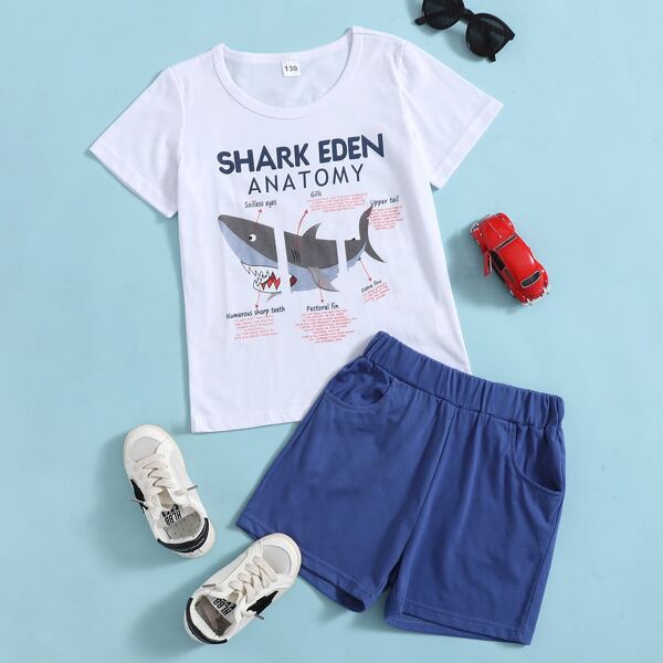 

Boys Letter & Shark Tee & Track Shorts, Blue and white