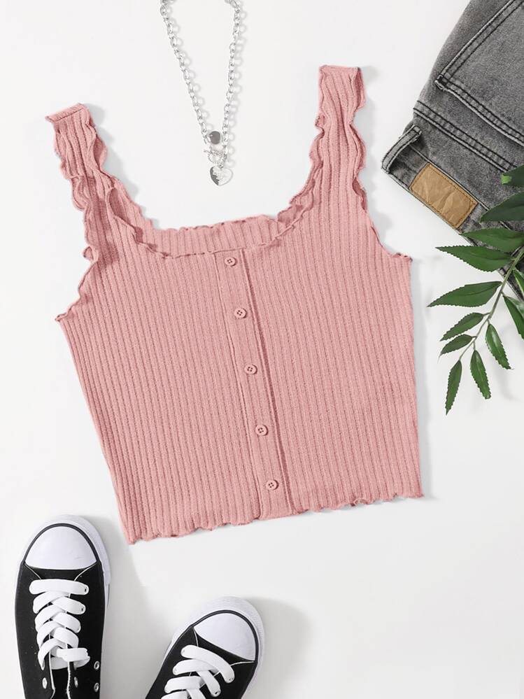 SHEIN EZwear Lettuce Trim Rib-knit Tank Top - Baby Pink - View 1
