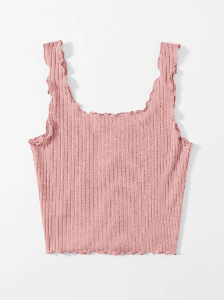 SHEIN EZwear Lettuce Trim Rib-knit Tank Top - Baby Pink - View 2