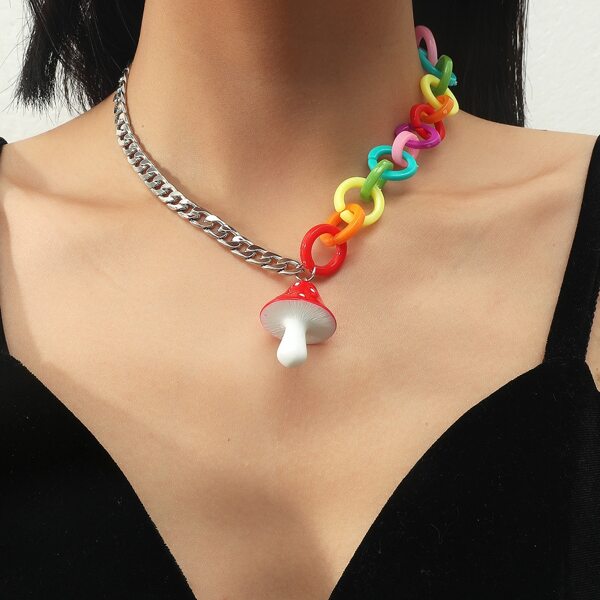 

Mushroom Charm Chain Necklace, Multicolor