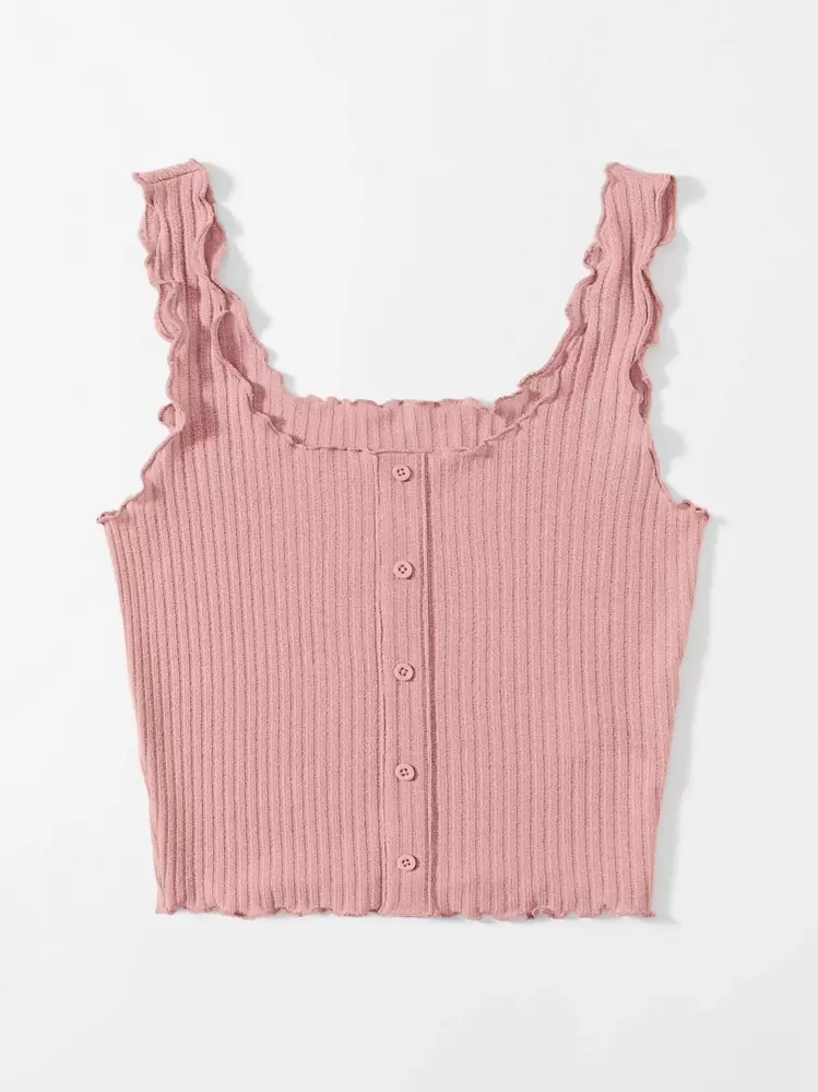 SHEIN EZwear Lettuce Trim Rib-knit Tank Top - Baby Pink - View 3
