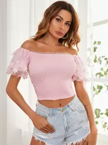 SHEIN Unity 打褶拼接貼花袖上衣 - 淺粉色 - 查看 1