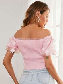 SHEIN Unity 打褶拼接貼花袖上衣 - 淺粉色 - 查看 2