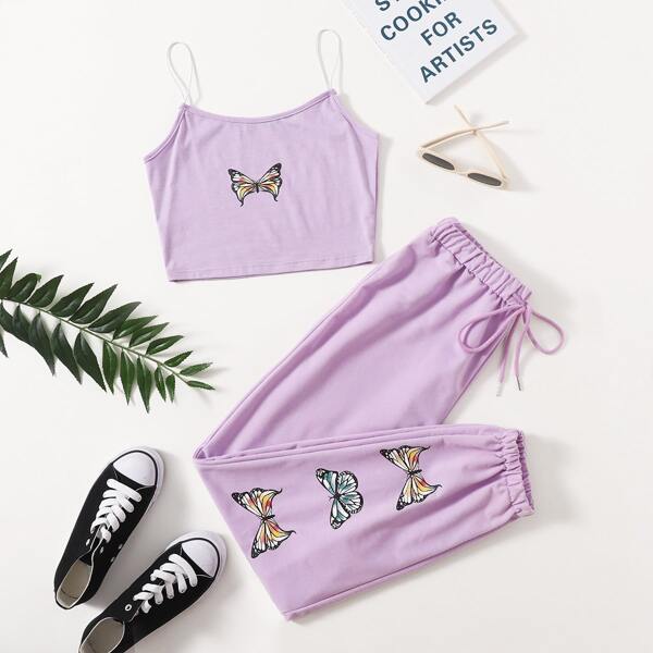 

Butterfly Print Cami Top & Drawstring Sweatpants, Purple