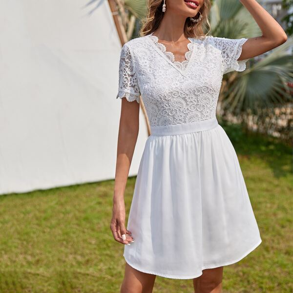 

Contrast Lace Bodice A-line Dress, White