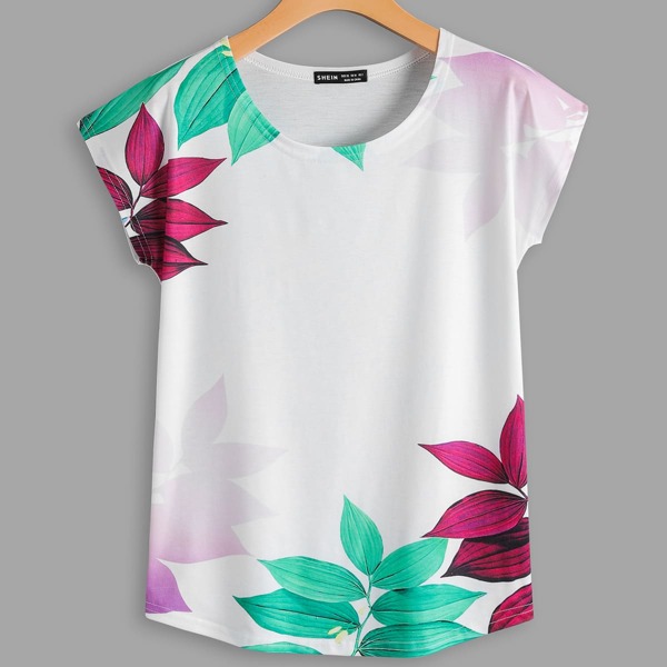 

Batwing Sleeve Plants Print Tee, White