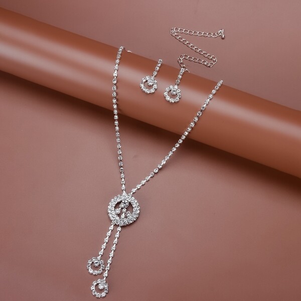 

1pc Rhinestone Decor Necklace & 1pair Drop Earrings, Silver