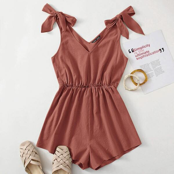 

Knot Shoulder Frill Waist Romper, Rusty rose