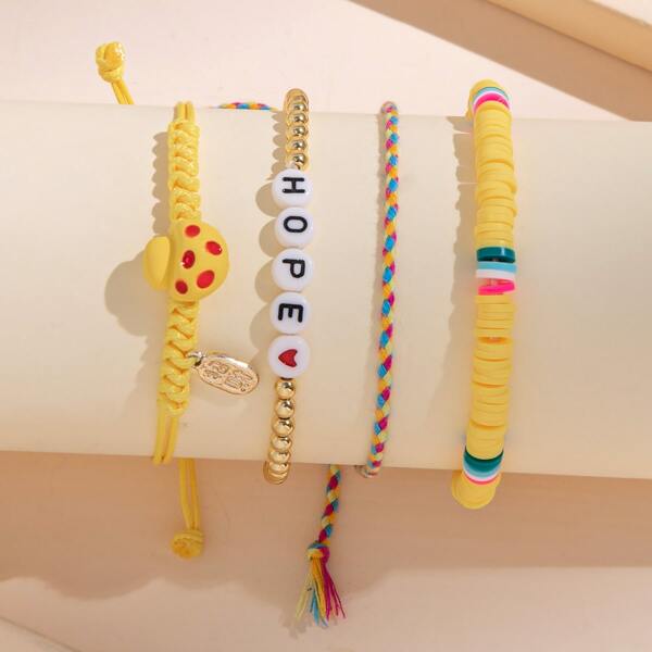 

4pcs Letter & Mushroom Decor Bracelet, Yellow