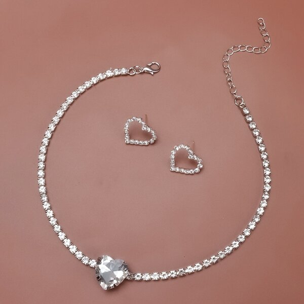 

1pc Rhinestone Heart Decor Necklace & 1pair Stud Earrings, Silver