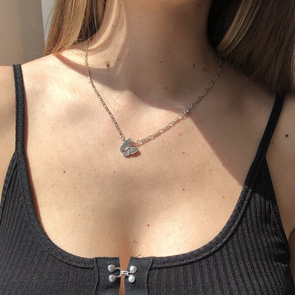 

Rhinestone Butterfly Charm Necklace, Silver