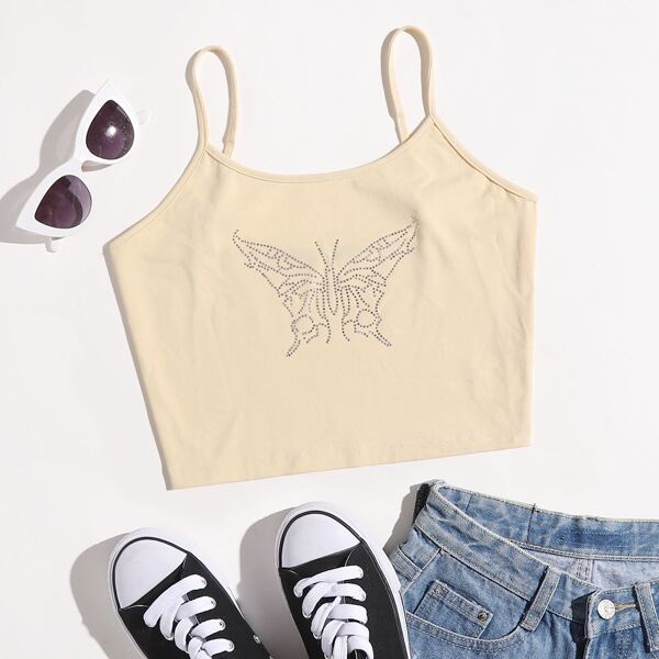 

Butterfly Rhinestone Cami Top, Beige