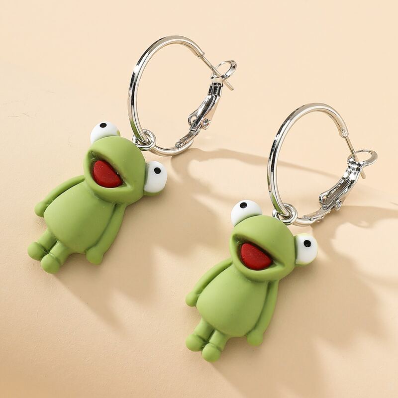 

Cartoon Frog Design Earrings, Silver