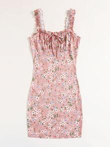 Soleia Floral Frill Strap Ruched Bust Tie Front Bodycon Dress - Multicolor - View 4