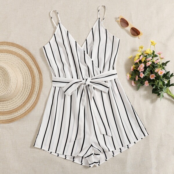 

Striped Surplice Neck Belted Romper, White