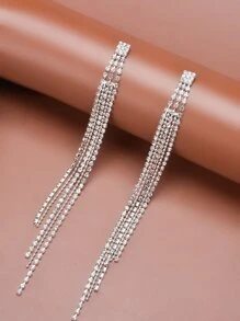 Rhinestone Tassel Decor Drop Earrings - Silver - View 1