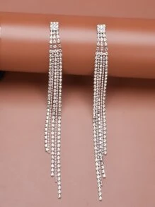 Rhinestone Tassel Decor Drop Earrings - Silver - View 3