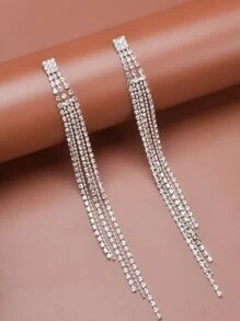 Rhinestone Tassel Decor Drop Earrings - Silver - View 4