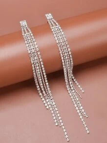 Rhinestone Tassel Decor Drop Earrings - Silver - View 5