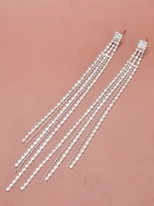 Rhinestone Tassel Decor Drop Earrings - Silver - View 6