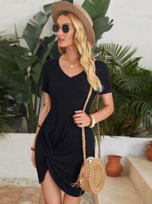 SHEIN Vestido estilo camiseta unicolor bajo girante tejido de canalé - Negro - Ver 1