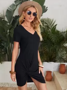SHEIN Vestido estilo camiseta unicolor bajo girante tejido de canalé - Negro - Ver 4
