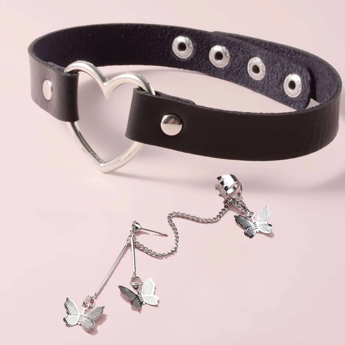 

1pc Heart Choker & 1pc Butterfly Ear Cuff, Silver