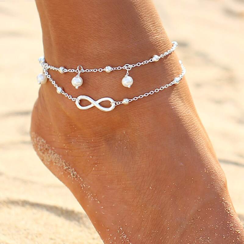 Faux Pearl Chain Anklet, Silver